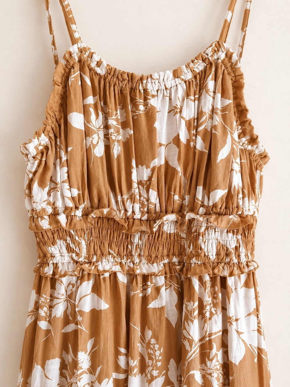 Just Found 1X Floral Smocked Midi Dress Tan Cream Camel Cottagecore Boho NWOT - Picture 3 of 12